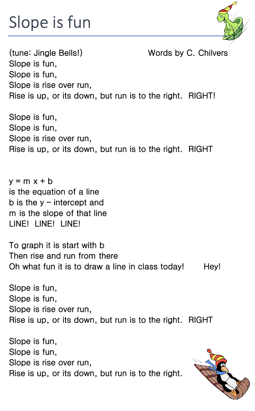 Song lyrics depicting the concept of slope in mathematics.